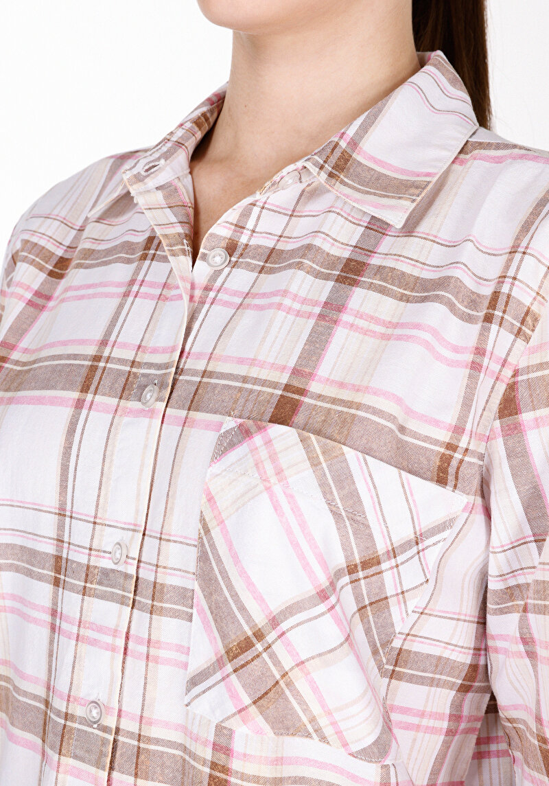 Regular Fit Shirt Neck Ekoseli Kadın Bej Uzun Kol Gömlek