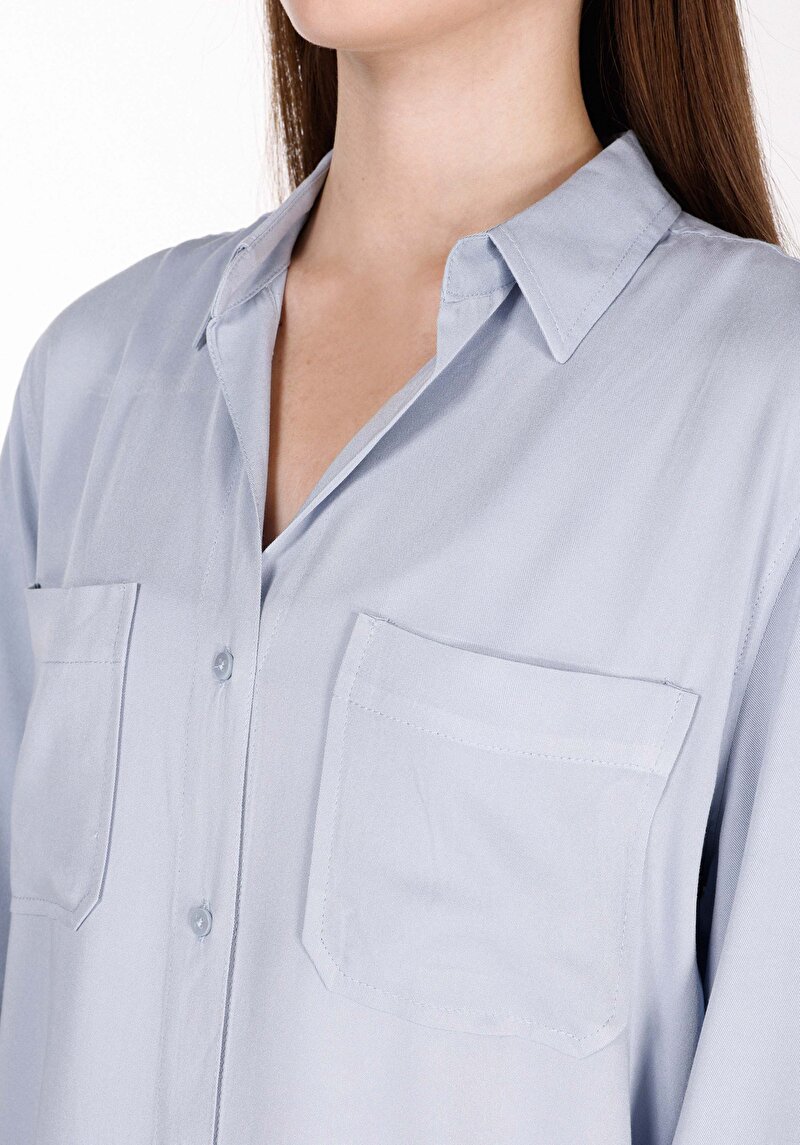 Viskozlu Regular Fit Shirt Neck Düz Kadın Mavi Roll-up Gömlek