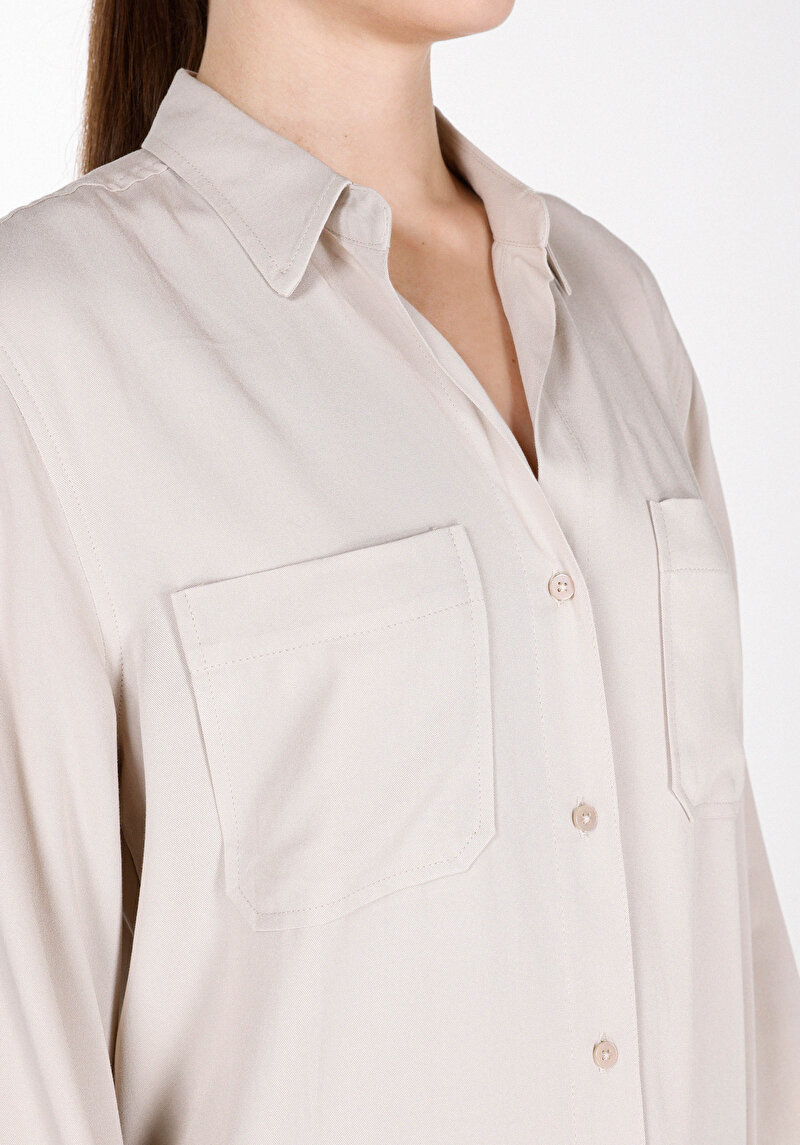 Regular Fit Shirt Neck Düz Kadın Vizon Roll-Up Gömlek