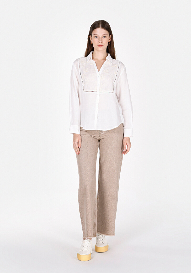 Regular Fit Shirt Neck Cepsiz Düz Kadın Beyaz Uzun Kol Gömlek