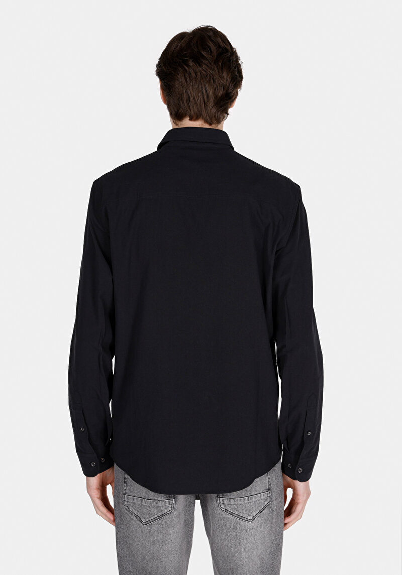 Regular Fit Shirt Neck Pamuklu Düz Erkek Siyah Uzun Kol Gömlek