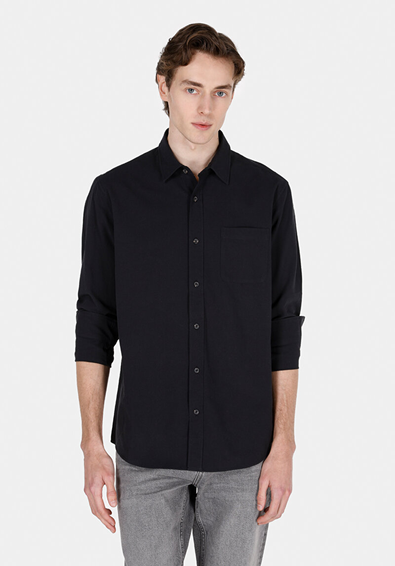 Regular Fit Shirt Neck Pamuklu Düz Erkek Siyah Uzun Kol Gömlek