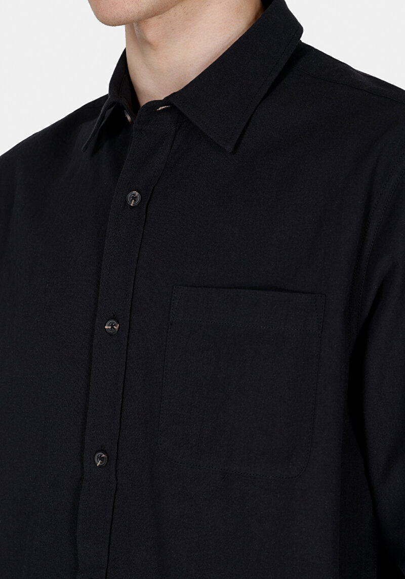 Regular Fit Shirt Neck Pamuklu Düz Erkek Siyah Uzun Kol Gömlek