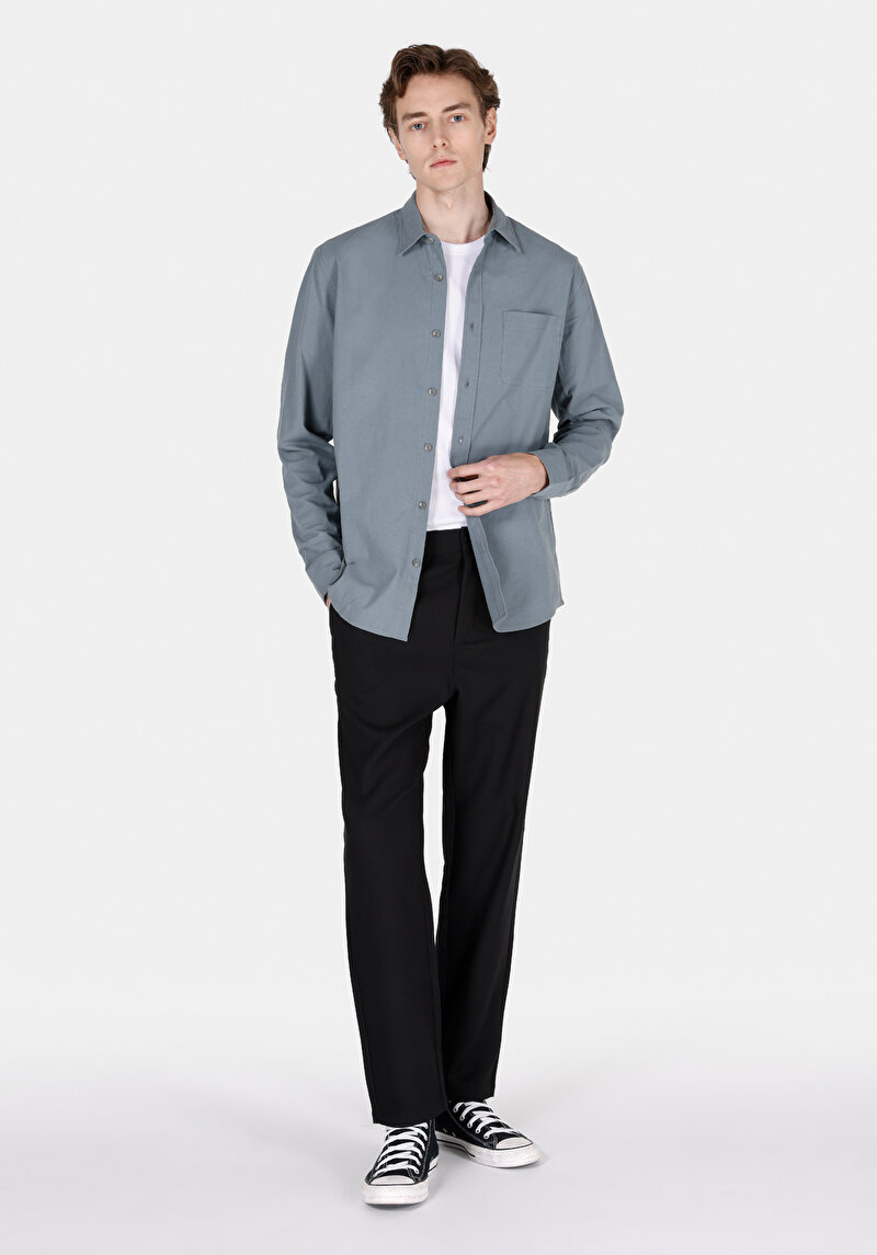 Regular Fit Shirt Neck Düz Erkek Yeşil Uzun Kol Gömlek