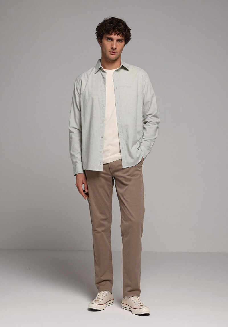 Regular Fit Shirt Neck Pamuklu Düz Erkek Yeşil Uzun Kol Gömlek