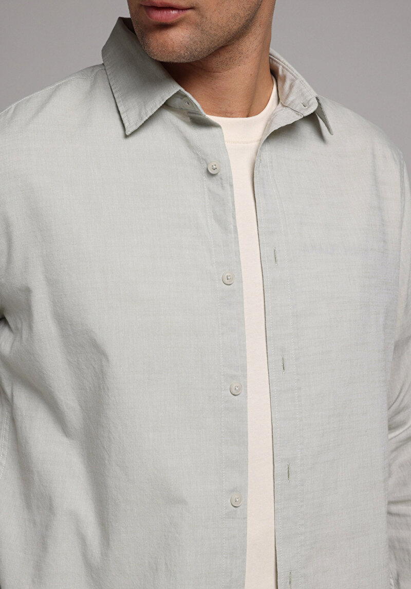 Regular Fit Shirt Neck Pamuklu Düz Erkek Yeşil Uzun Kol Gömlek