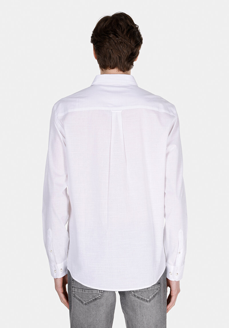 Regular Fit Shirt Neck Cepsiz Düz Erkek Beyaz Uzun Kol Gömlek