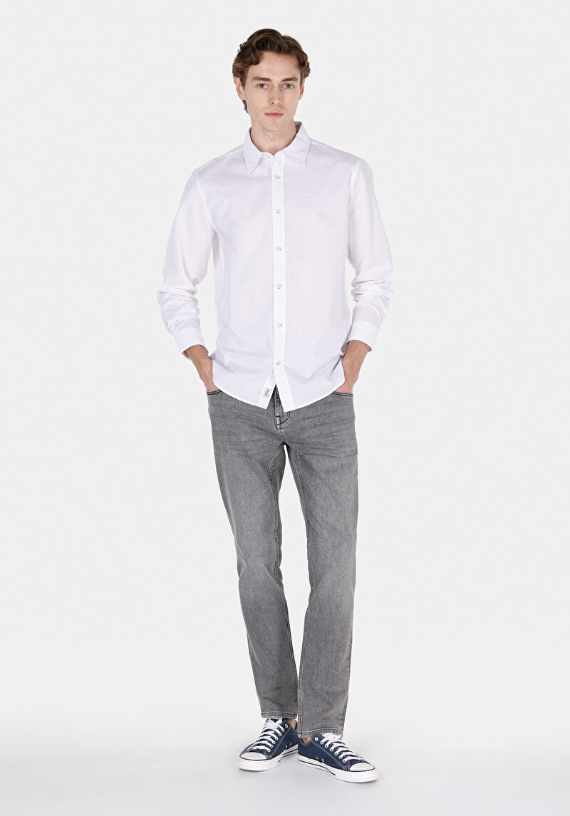 Regular Fit Shirt Neck Cepsiz Düz Erkek Beyaz Uzun Kol Gömlek