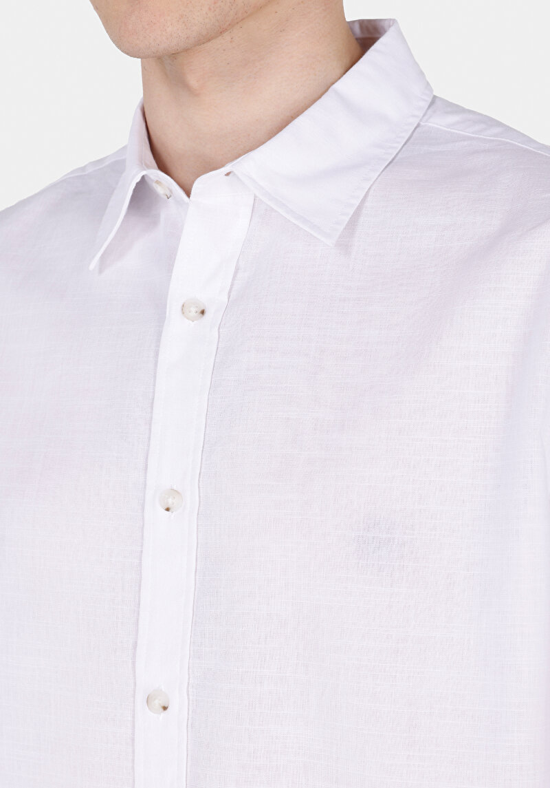 Regular Fit Shirt Neck Cepsiz Düz Erkek Beyaz Uzun Kol Gömlek