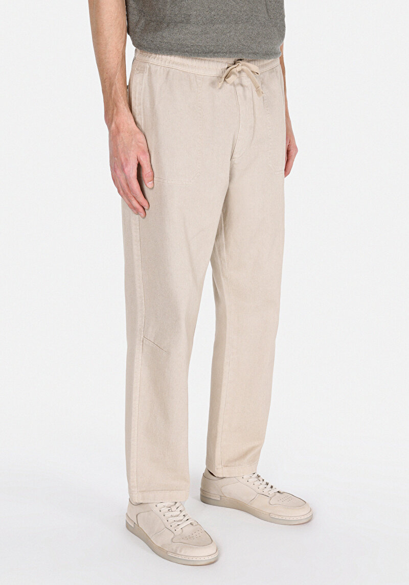 Relaxed Fit Orta Bel Bol Paça Erkek Bej Pantolon