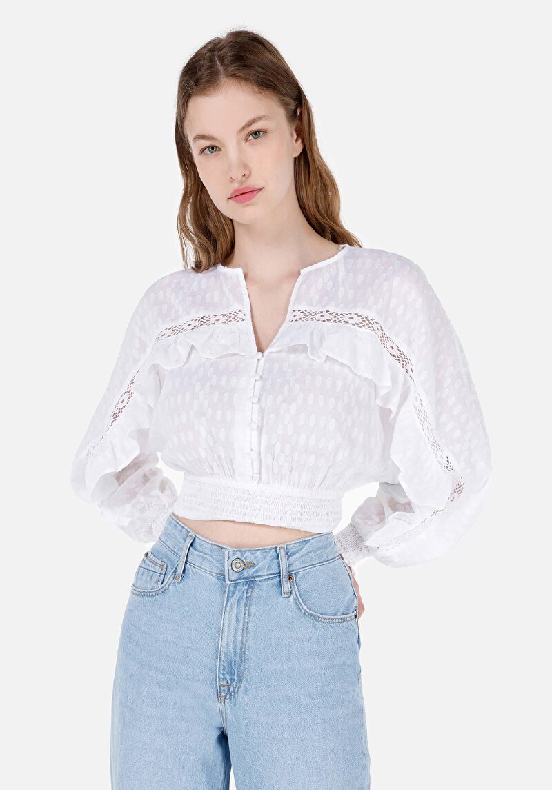 Regular Fit V Yaka Kadın Beyaz Uzun Kol Gömlek