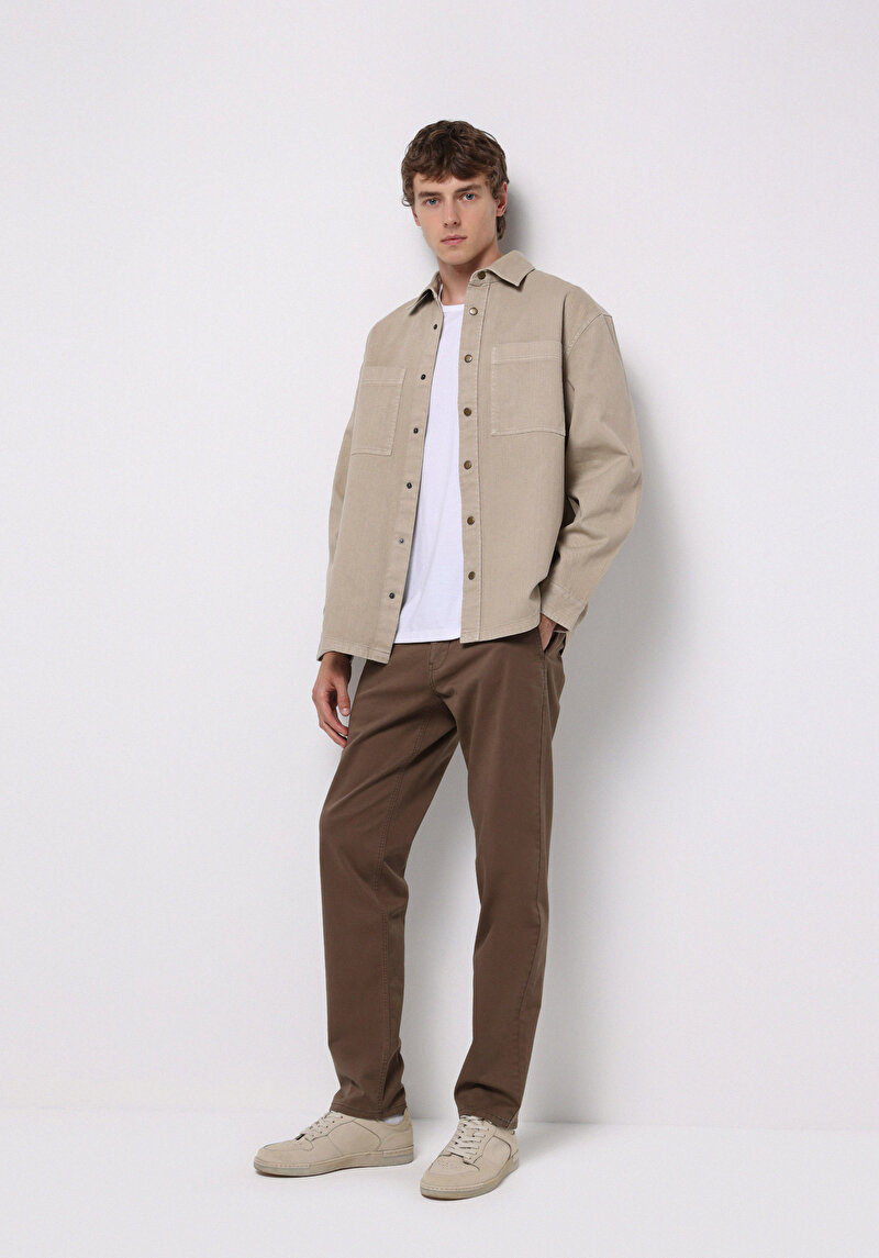 Regular Fit Orta Bel Düz Paça Erkek Kahverengi Pantolon