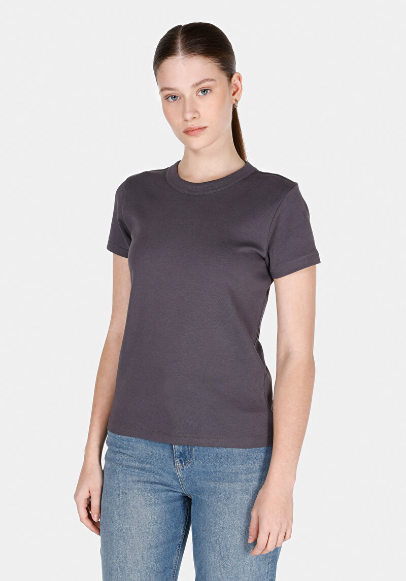 Slim Fit Yuvarlak Yaka Düz Kadın Antrasit Kısa Kol Tişört