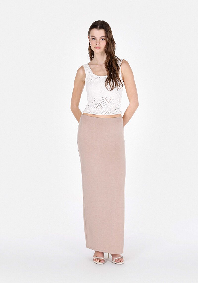 Slim Fit Düz Kadın Bej Etek