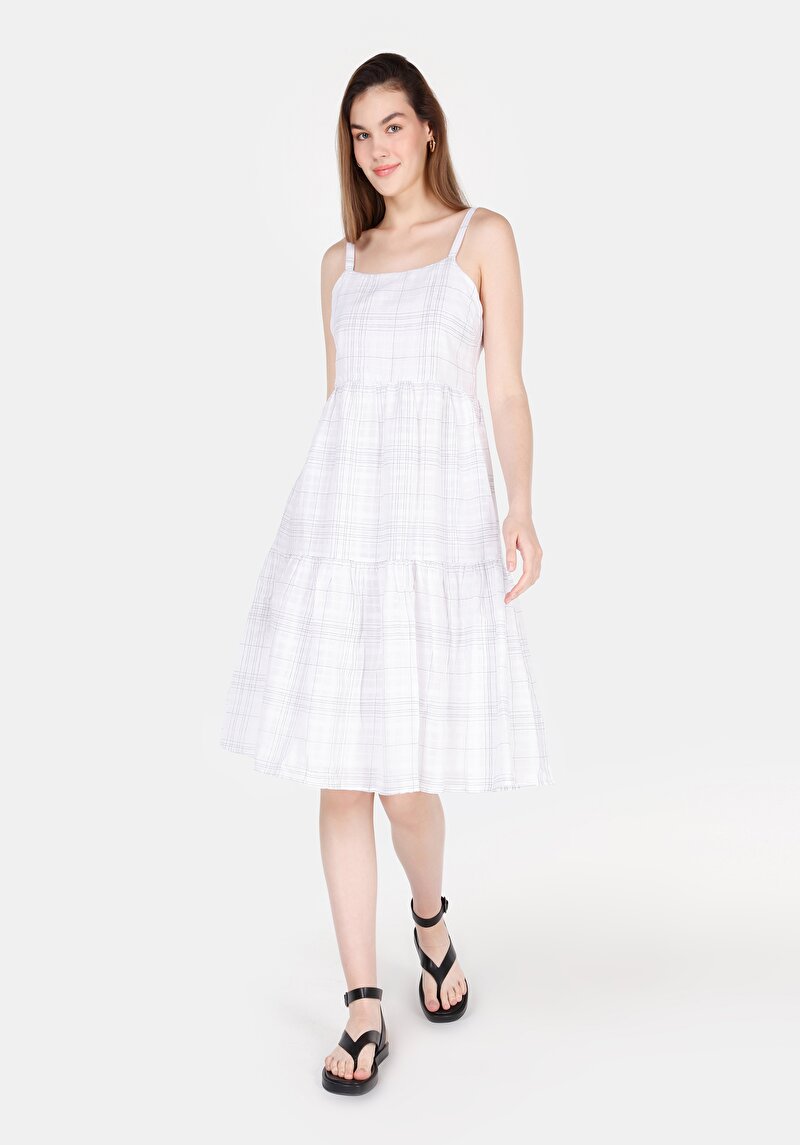 Regular Fit Dokuma Kadın Beyaz Elbise