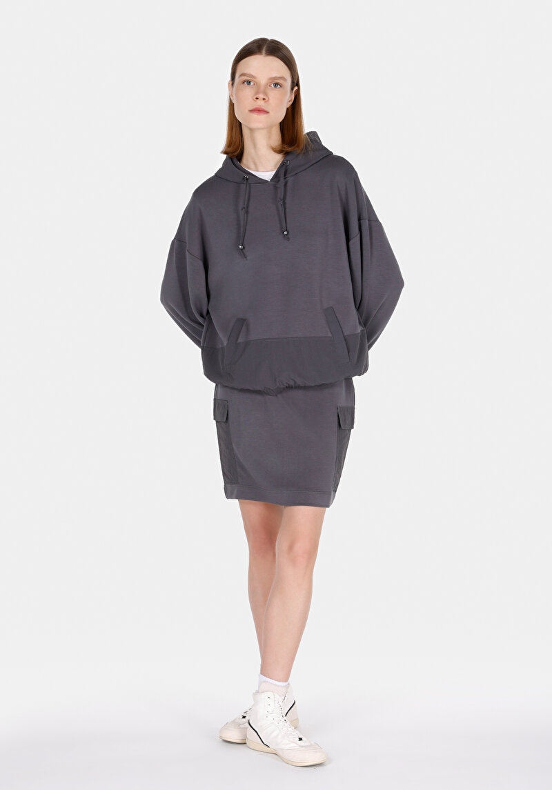 Regular Fit Kapüşonlu Düz Kadın Antrasit Sweatshirt