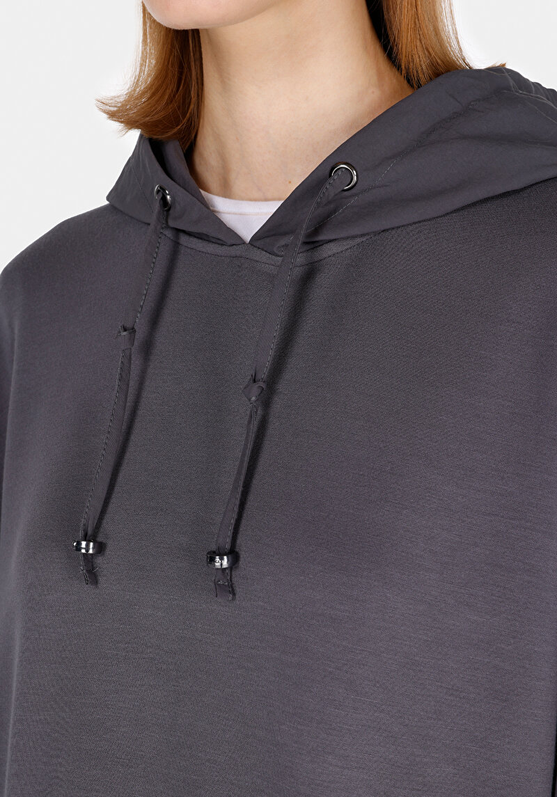 Regular Fit Kapüşonlu Düz Kadın Antrasit Sweatshirt