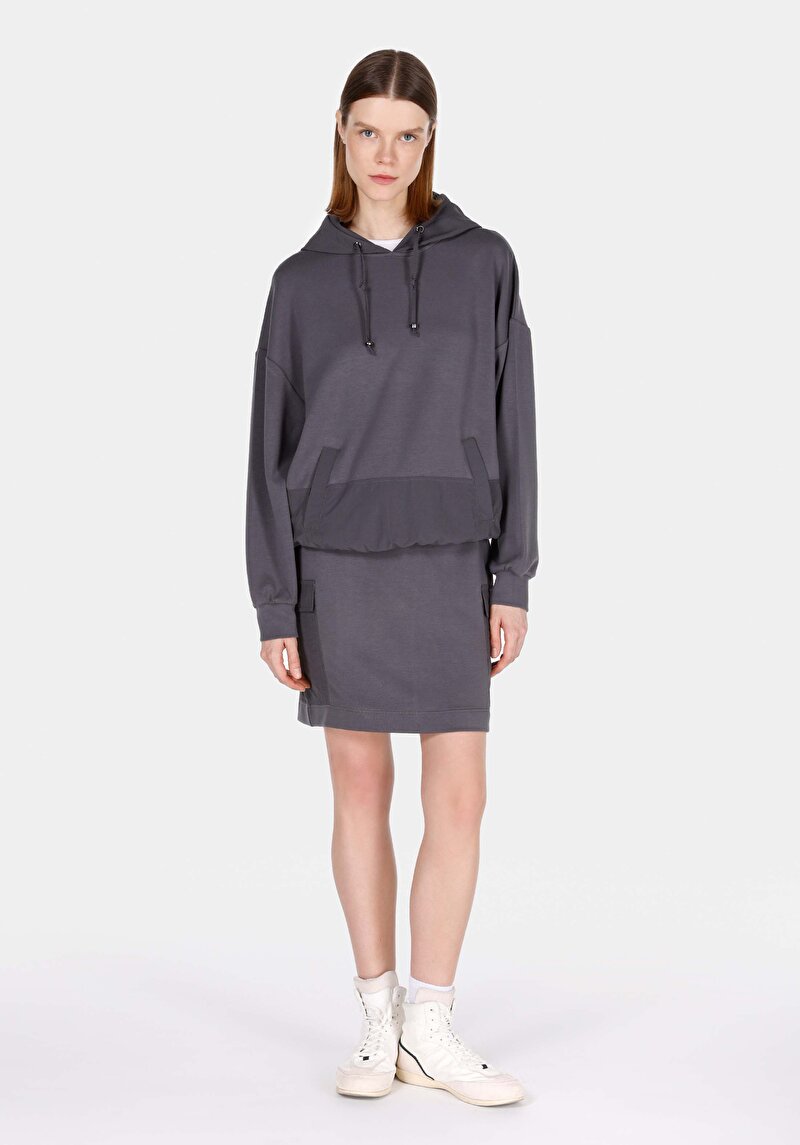 Slim Fit Düz Bağcıklı Kadın Antrasit Etek