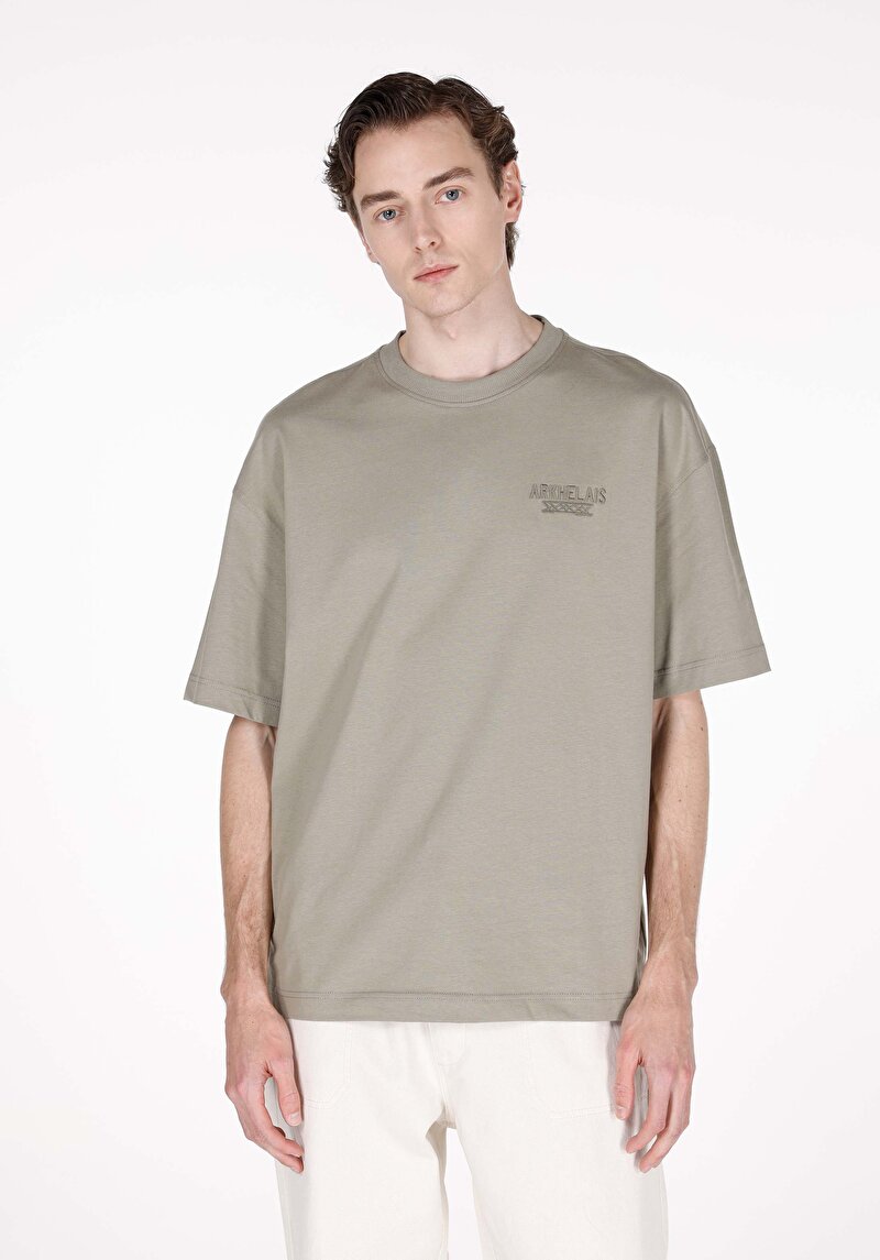 Oversize Fit Yuvarlak Yaka Düz Erkek Yeşil Kısa Kol Tişört