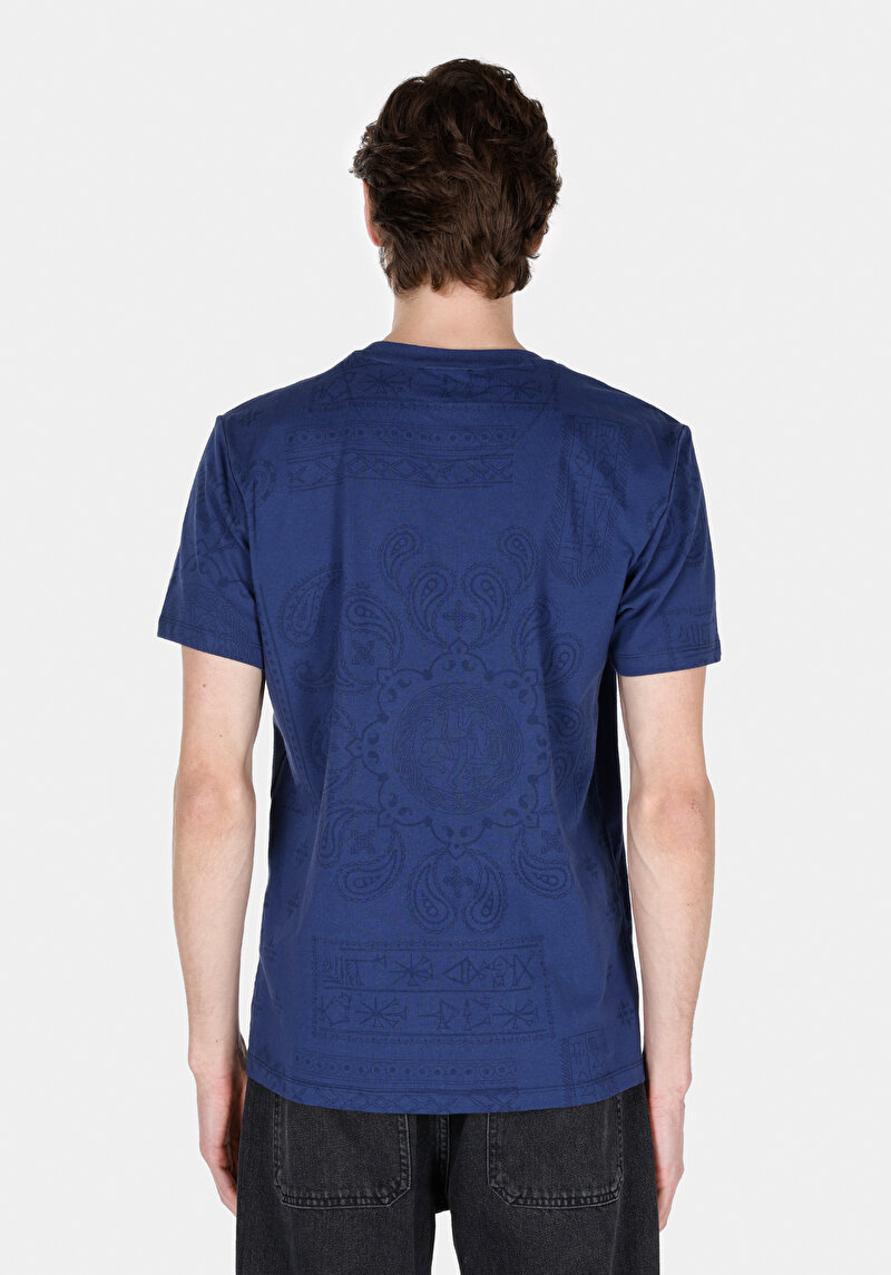 Regular Fit Yuvarlak Yaka Baskılı Erkek Mavi Kısa Kol Tişört