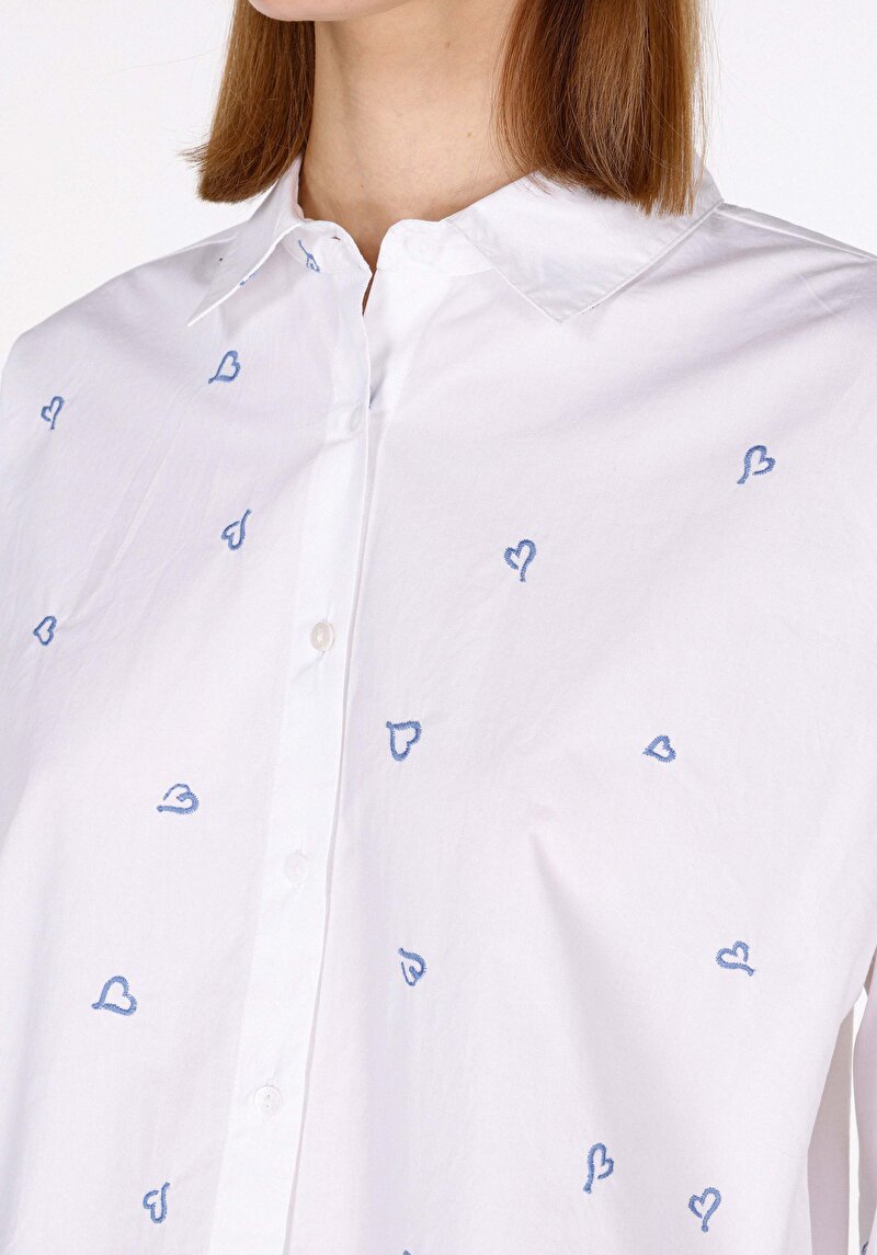 Regular Fit Shirt Neck Nakışlı Kadın Beyaz Uzun Kol Gömlek