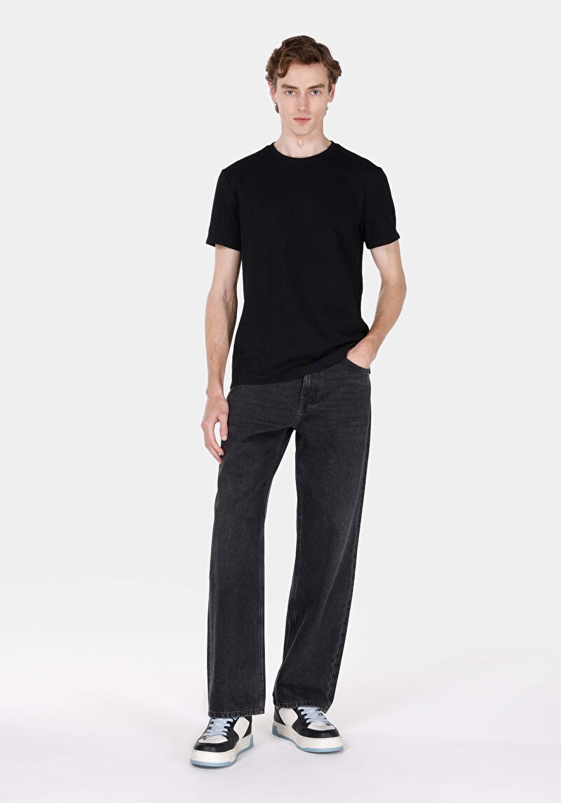 Regular Fit Yuvarlak Yaka Jakarlı Erkek Siyah Kısa Kol Tişört