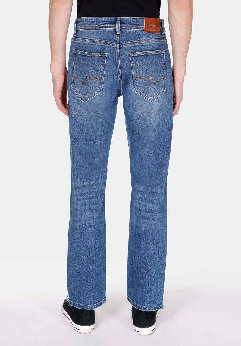 Regular Fit Orta Bel Düz Paça Erkek Mid İndigo Fermuarlı Denim Jean Pantolon