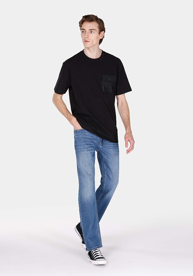 Regular Fit Orta Bel Düz Paça Erkek Mid İndigo Fermuarlı Denim Jean Pantolon