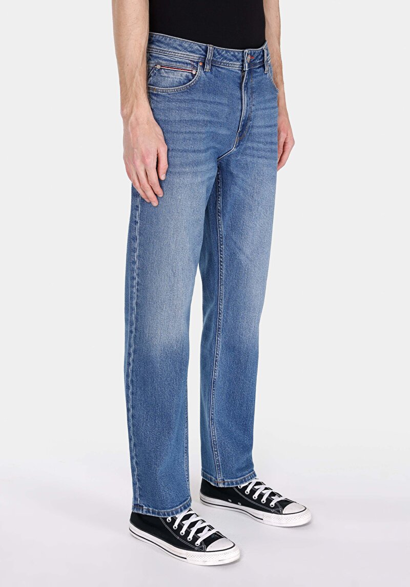 Regular Fit Orta Bel Düz Paça Erkek Mid İndigo Fermuarlı Denim Jean Pantolon