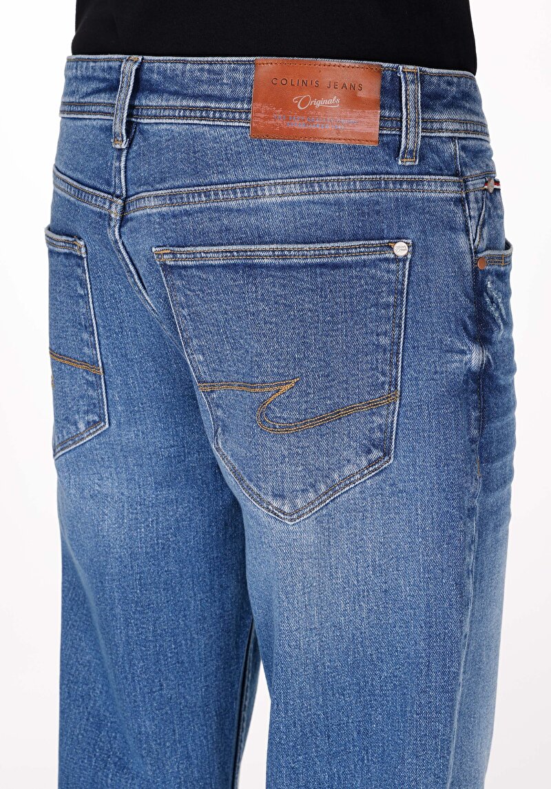 Regular Fit Orta Bel Düz Paça Erkek Mid İndigo Fermuarlı Denim Jean Pantolon