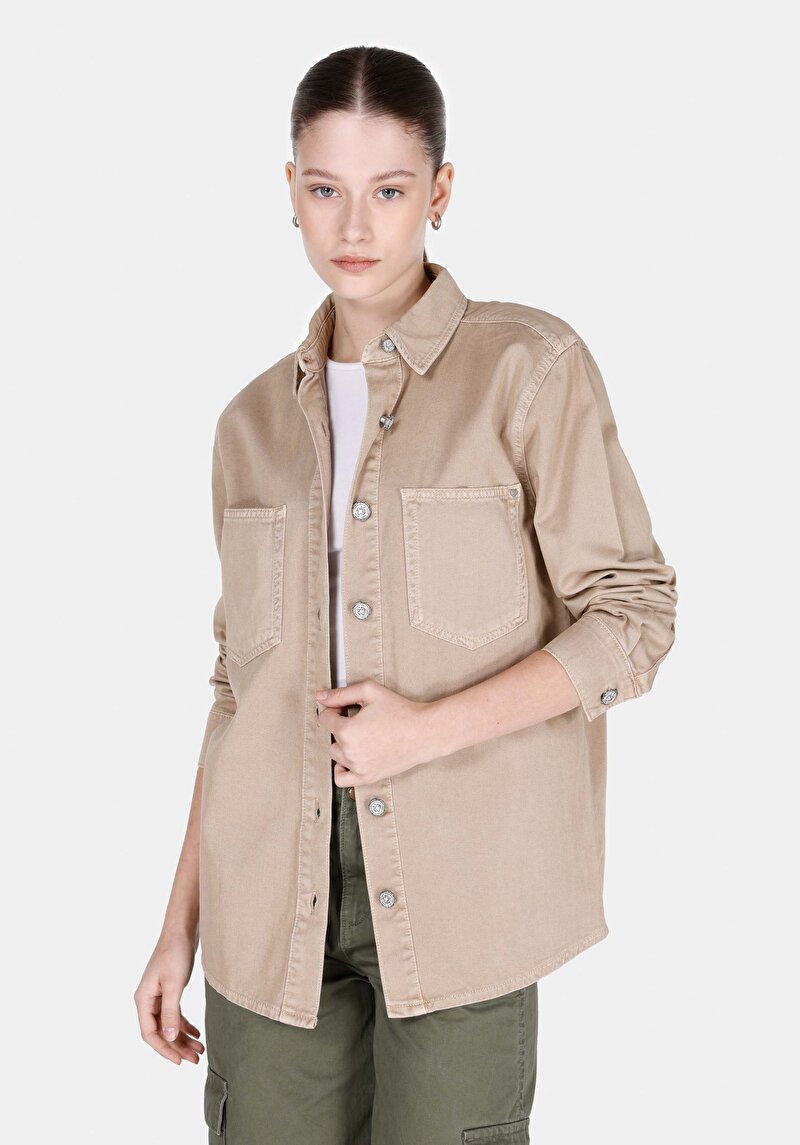 Regular Fit Klasik Yaka Kadın Denim Uzun Kol Gömlek