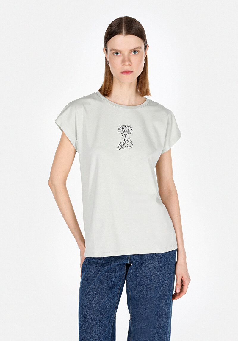 Regular Fit Pamuklu Yuvarlak Yaka Baskılı Kadın Yeşil Kısa Kol Tişört