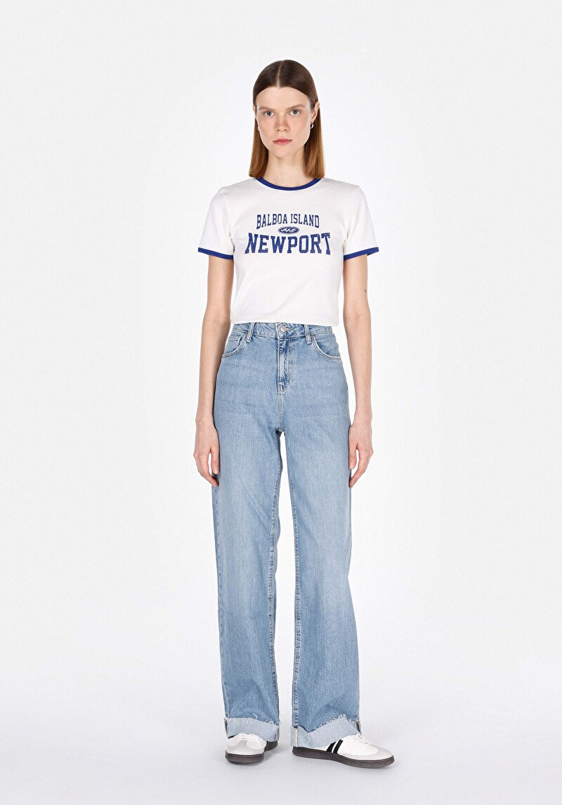 Regular Fit Yüksek Bel Geniş Paça Cepli Kadın Light Indigo Denim Jean Pantolon