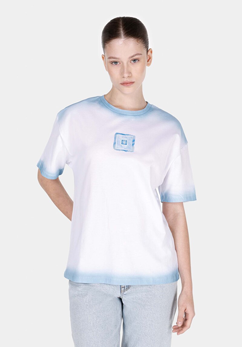 Comfort Fit Yuvarlak Yaka Baskılı Kadın Beyaz Kısa Kol Tişört