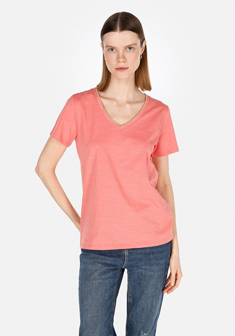 Regular Fit Pamuklu V Yaka Düz Kadın Turuncu Kısa Kol Tişört