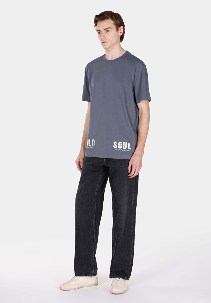 Comfort Fit Yuvarlak Yaka Düz Erkek Gri Kısa Kol Tişört