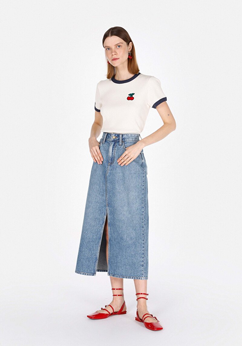 Slim Fit Düz Fermuarlı Kadın Mavi Etek