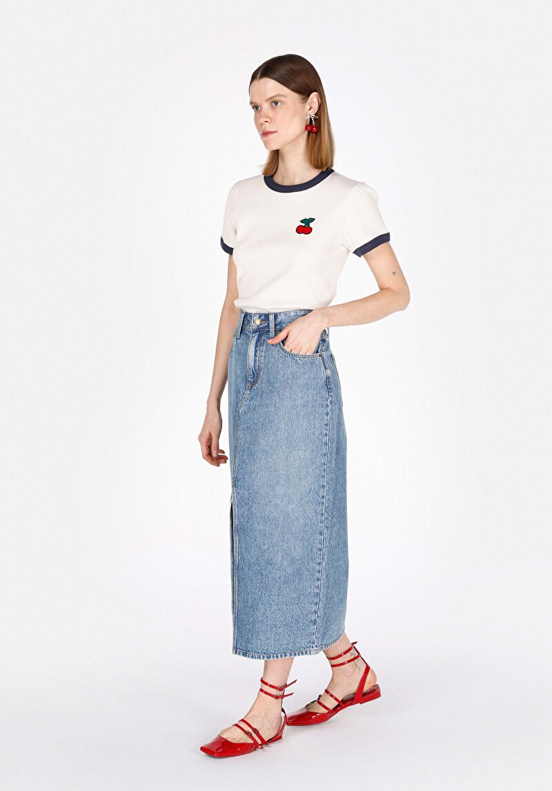 Slim Fit Düz Fermuarlı Kadın Mavi Etek