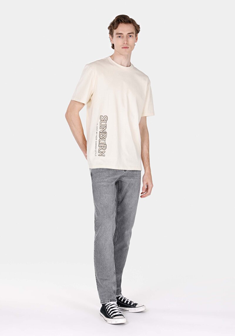 Comfort Fit Yuvarlak Yaka Düz Erkek Bej Kısa Kol Tişört