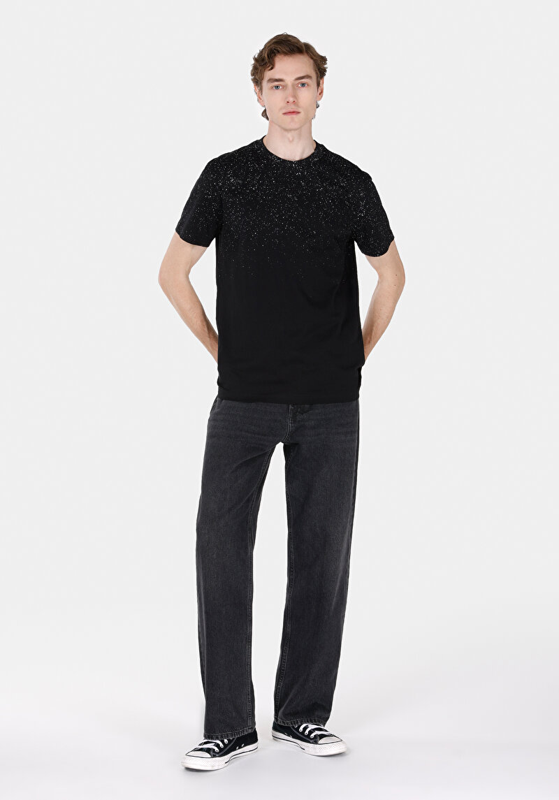 Regular Fit Yuvarlak Yaka Baskılı Erkek Siyah Kısa Kol Tişört