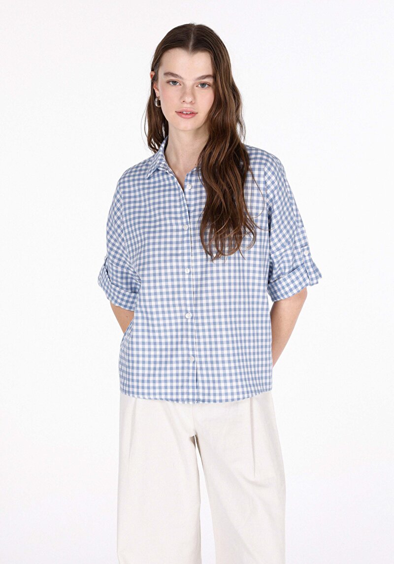 Regular Fit Shirt Neck Kareli Kadın Mavi Roll-up Gömlek