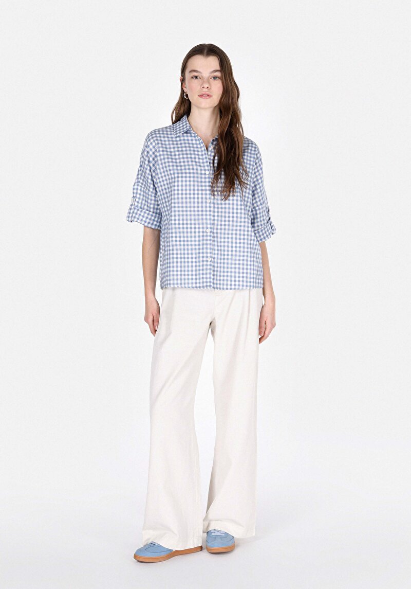 Regular Fit Shirt Neck Kareli Kadın Mavi Roll-up Gömlek