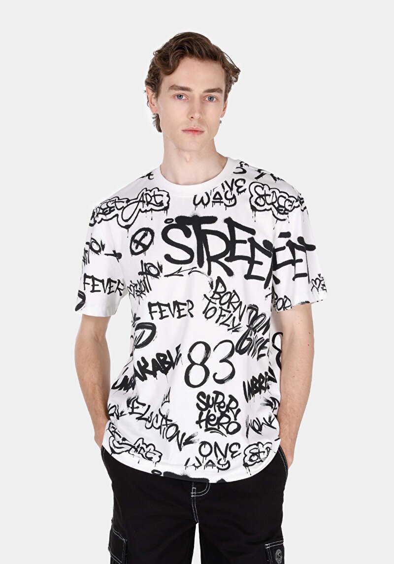 Comfort Fit Yuvarlak Yaka Baskılı Erkek Beyaz Kısa Kol Tişört