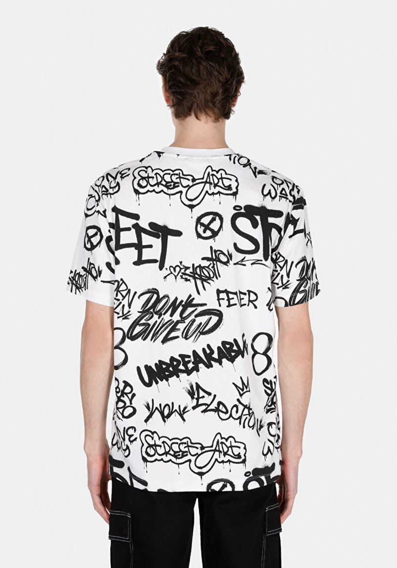 Comfort Fit Yuvarlak Yaka Baskılı Erkek Beyaz Kısa Kol Tişört