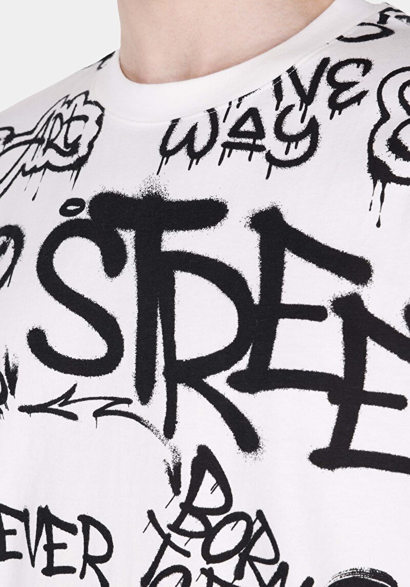 Comfort Fit Yuvarlak Yaka Baskılı Erkek Beyaz Kısa Kol Tişört