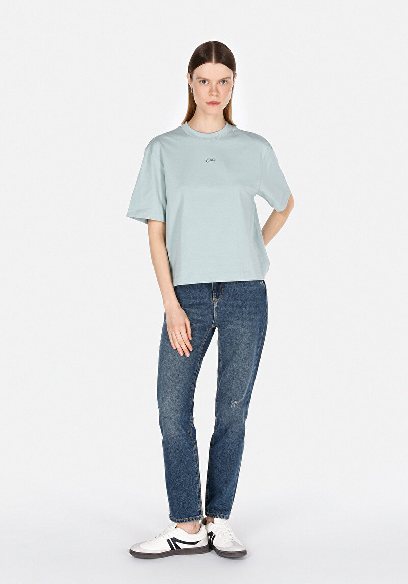 Regular Fit Yuvarlak Yaka Düz Kadın Yeşil Kısa Kol Tişört