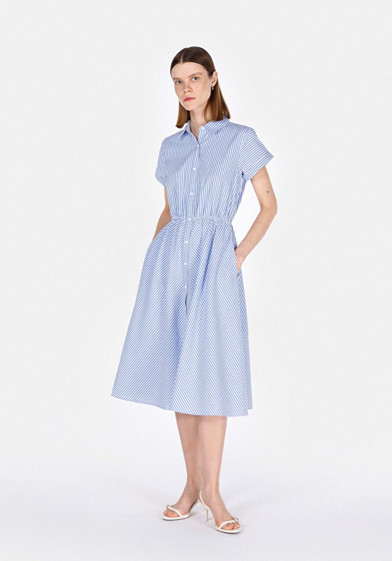 Regular Fit Çizgili Kadın Mavi Elbise