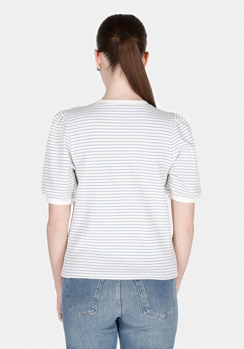 Regular Fit Yuvarlak Yaka Çizgili Kadın Beyaz Kısa Kol Tişört