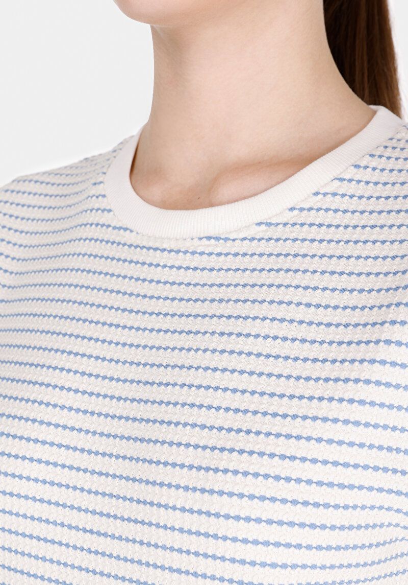 Regular Fit Yuvarlak Yaka Çizgili Kadın Beyaz Kısa Kol Tişört