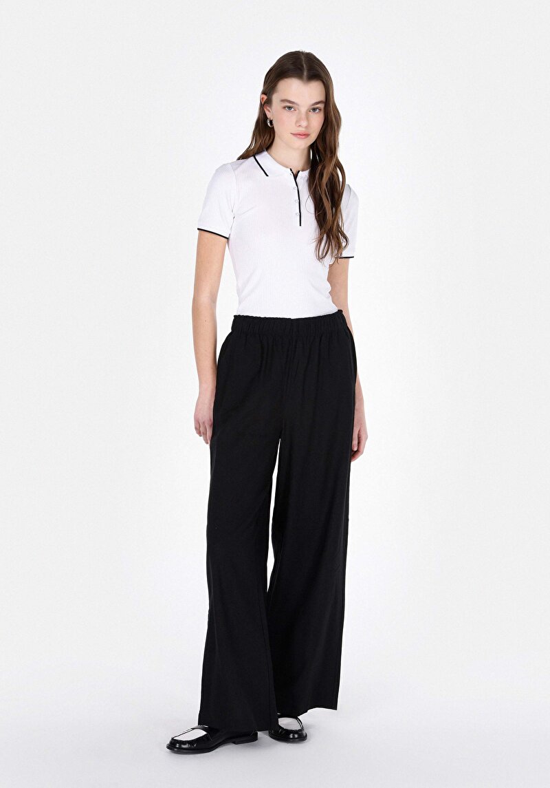Regular Fit Yüksek Bel Geniş Paça Astarsız Kadın Siyah Pantolon